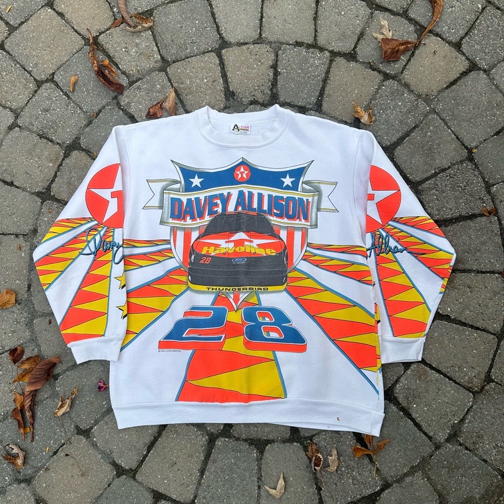 Vintage White Davey Allison NASCAR Racing Graphic Crewneck Sweater